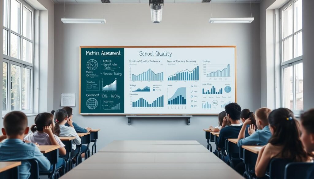 A classroom interior, well-lit by large windows, showcasing a prominently displayed whiteboard or chalkboard. On it, a series of carefully crafted metrics and statistics that serve as a "school quality assessment" or "school performance dashboard." Students seated at desks, engaged in thoughtful discussion, their faces expressing a sense of academic rigor and focus. The overall atmosphere conveys a culture of excellence, where data-driven decision-making is used to drive continuous improvement in the educational experience. The image should evoke a sense of professionalism, accountability, and a commitment to delivering high-quality education.
