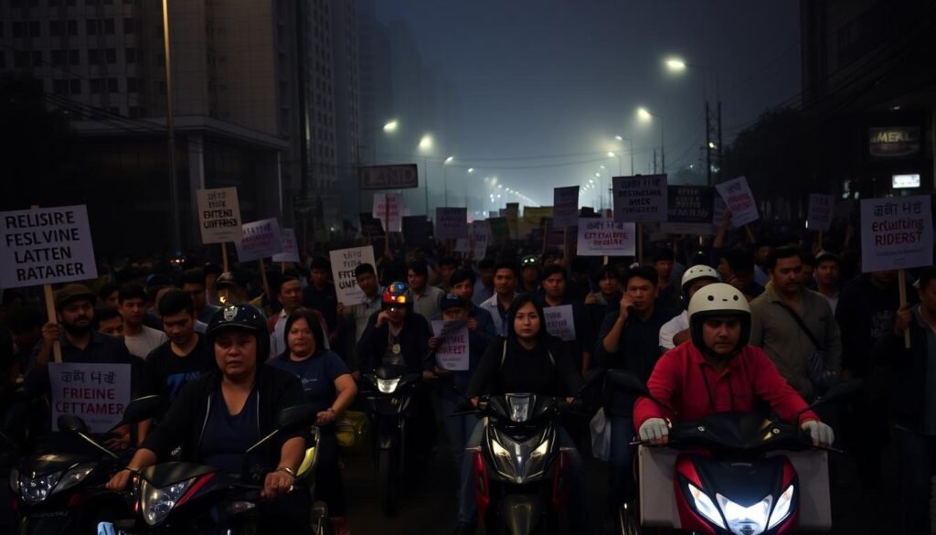 A dimly lit street at night, with a crowd of people gathered, holding signs and banners protesting the impact of online transportation services. In the foreground, a group of delivery riders on motorbikes, their faces etched with concern. In the middle ground, a sea of frustrated pedestrians and bystanders, their expressions a mix of solidarity and unease. The background is hazy, with the silhouettes of high-rise buildings and the faint glow of streetlights, creating a sense of urban unrest. The lighting is moody, casting long shadows and highlighting the tension in the scene. The overall atmosphere is one of discontent and social upheaval, capturing the essence of the public reaction to the disruption caused by the online transportation industry.