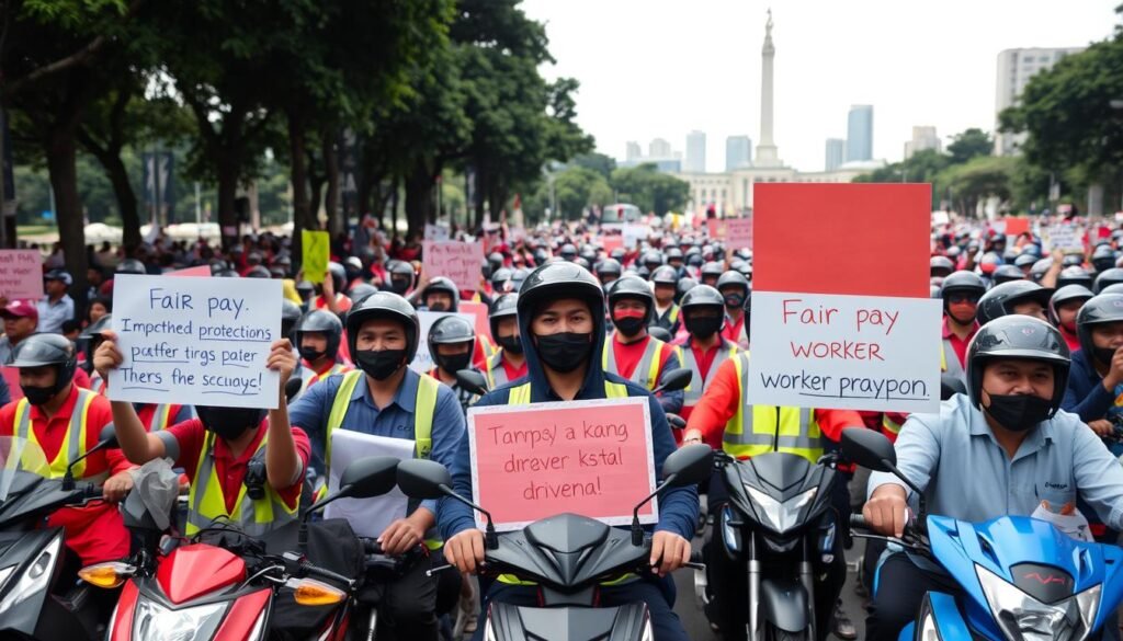 A large group of food delivery drivers, or "ojol," gathers in the Monas public square, their motorbikes and uniforms creating a vibrant, colorful scene. In the foreground, several drivers stand united, their faces determined as they hold up signs and banners outlining their key demands: fair pay, improved worker protections, and greater transparency from their platform companies. The middle ground shows the crowd swelling, a sea of helmets and reflective vests, conveying the scale and unity of the protest. In the background, the iconic Monas monument and Jakarta's skyline provide a dramatic, urban backdrop, heightening the sense of a significant, public event. The lighting is natural, with a soft, diffused quality that creates depth and atmosphere. The overall mood is one of solidarity, advocacy, and the power of collective action.