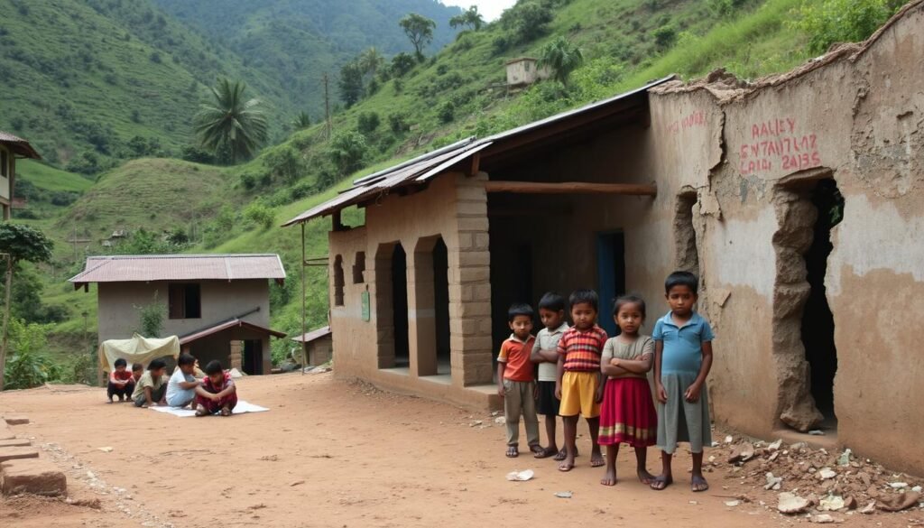 A remote village school nestled in lush green hills, its dilapidated buildings and limited resources starkly contrasting the lavishly equipped urban counterparts. Students sit on the dirt floor, straining to learn under the dim light of a single bulb. Outside, a group of eager children stand by the crumbling walls, their faces etched with yearning for the educational opportunities their more privileged peers enjoy. The scene conveys the stark disparities in educational access, a poignant reminder of the systemic inequalities that plague the nation's rural communities.