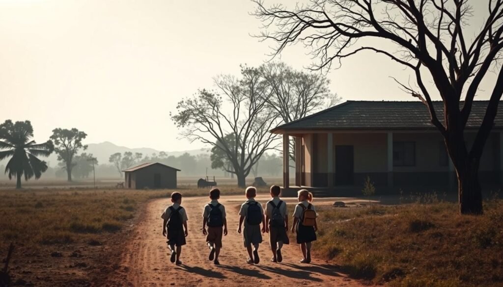 A stark contrast of education opportunities, with a well-equipped modern school in the foreground juxtaposed against a dilapidated, one-room schoolhouse in the distant rural landscape. Soft, muted lighting casts long shadows, underscoring the sense of inequality. In the middle ground, a group of children in worn uniforms walk a dusty path, heads down, while their more privileged peers in the foreground stride confidently, backpacks slung over their shoulders. The scene conveys the palpable educational divide, a poignant visual metaphor for the challenges faced by underserved communities.