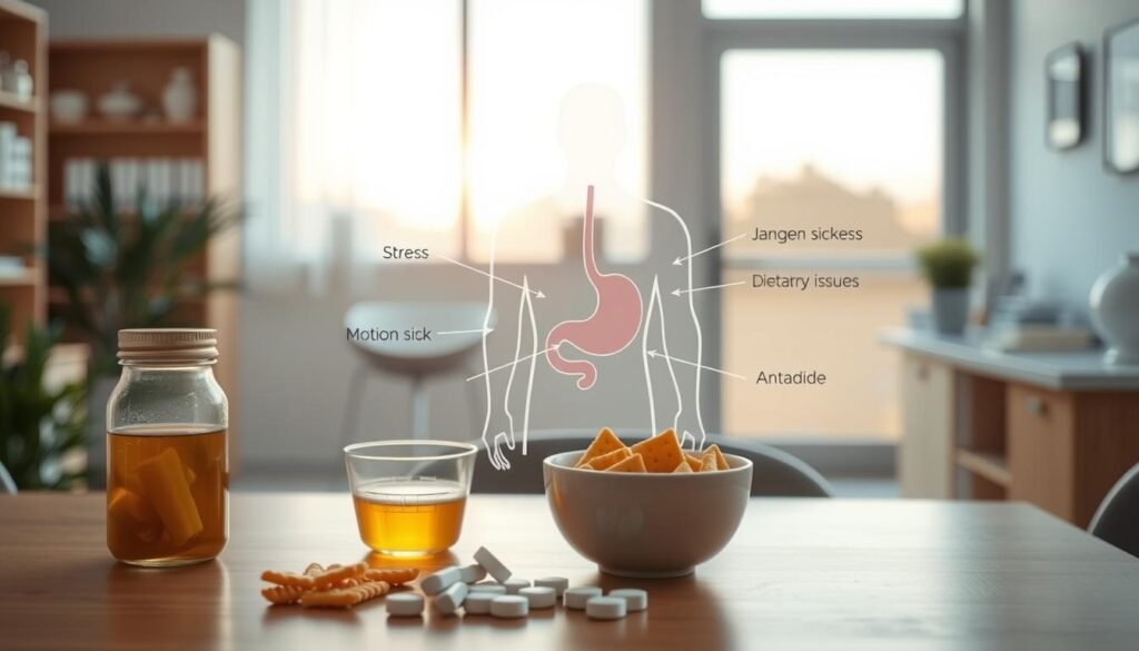 A calm and inviting medical setting, focused on the concept of unexplained nausea. In the foreground, a table displaying various common causes: a bottle of ginger tea, a bowl of bland crackers, and some antacid tablets, all arranged neatly. In the middle ground, an illustration of a human silhouette outlined in soft light, highlighting the stomach area with subtle arrows pointing to potential triggers like stress, motion sickness, and dietary issues. The background features a softly blurred medical office with calming pastel colors, warm lighting, and a window showing a serene, sunny day outside. The overall atmosphere conveys a sense of reassurance and understanding, suitable for a health-related topic.