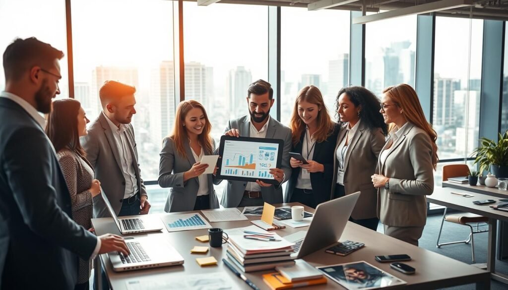 A dynamic and engaging scene illustrating effective online marketing strategies. In the foreground, a diverse group of professionals dressed in smart casual attire, engrossed in a discussion around a digital tablet displaying graphs and charts. In the middle ground, a sleek modern office workspace filled with laptops, marketing brochures, and post-it notes. In the background, a large window showcasing a bustling cityscape, with bright daylight streaming in, creating a vibrant atmosphere. The lighting is warm and inviting, highlighting the group's excitement and collaboration. Capture an overall mood of innovation, teamwork, and strategic thinking in the world of online sales. Use a wide-angle lens to emphasize depth and focus on the interaction among the team members.