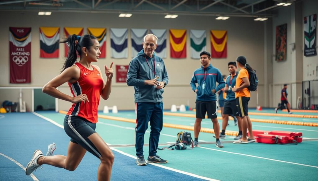 A dynamic composition illustrating the supporting factors behind athletes' achievements, focusing on a group of diverse Indonesian athletes in professional sports attire, collaborating in a training environment. In the foreground, an athletic female sprinter engages in a sprinting drill alongside a male swimmer discussing strategy, showcasing teamwork and dedication. The middle ground features a knowledgeable coach providing advice, with various sports equipment scattered around, highlighting the training aspect. In the background, a sports facility with vibrant training grounds and motivational posters creates an inspiring atmosphere. Soft, natural lighting enhances the scene, while a shallow depth of field focuses on the athletes to convey determination and strong potential for international success. The overall mood is energetic and motivational, capturing the essence of perseverance and achievement.