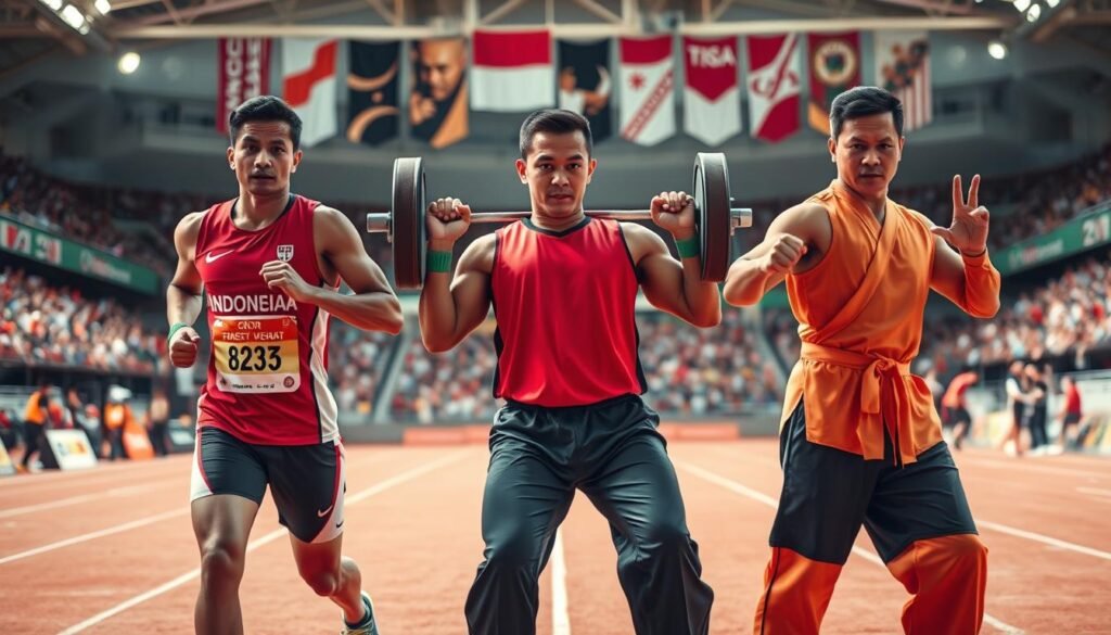 A dynamic group of Indonesian athletes showcasing their potential for international success, set against a vibrant sports arena. In the foreground, focus on a diverse trio of athletes: a sprinter in running attire, a weightlifter with a determined expression, and a martial artist poised in a traditional stance. They are all wearing professional sports gear that reflects the Indonesian flag colors. In the middle, capture a cheering crowd that emphasizes enthusiasm and national pride, while banners showcasing various sports disciplines wave in the background. Use bright, natural lighting to create an energized atmosphere, with a slightly low angle to highlight the athletes' determination and strength. The overall mood is inspiring and hopeful, symbolizing Indonesia's bright future in international sports.
