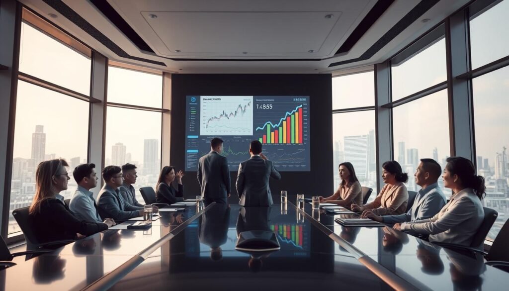 A modern Indonesian government office interior with an emphasis on economic policy discussions. In the foreground, a diverse group of professionals dressed in business attire, engaged in a serious conversation around a sleek conference table. In the middle, visual elements such as charts and graphs displayed on large digital screens, showcasing economic data trends and statistics. The background features large windows with a view of Jakarta's skyline, bathed in soft natural light that creates a productive atmosphere. The mood conveys urgency and focus, with a hint of optimism about the nation's economic future. Captured with a wide-angle lens from a low angle to emphasize the height and architectural features of the office.