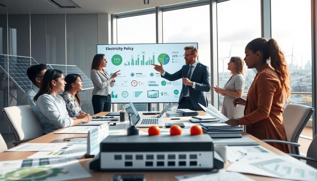 A modern office setting showcasing a meeting room with a group of diverse professionals discussing the latest updates in electricity policy. In the foreground, a table filled with documents, charts, and digital devices representing energy infrastructure and renewable sources. In the middle, a group of three individuals in professional business attire energetically discussing and pointing at a large screen displaying infographics related to the electricity sector. In the background, large windows reveal a cityscape with solar panels and wind turbines, symbolizing sustainable energy. Soft lighting illuminates the scene, creating a collaborative and innovative atmosphere. The overall mood is focused and forward-looking, emphasizing progress in energy policies.