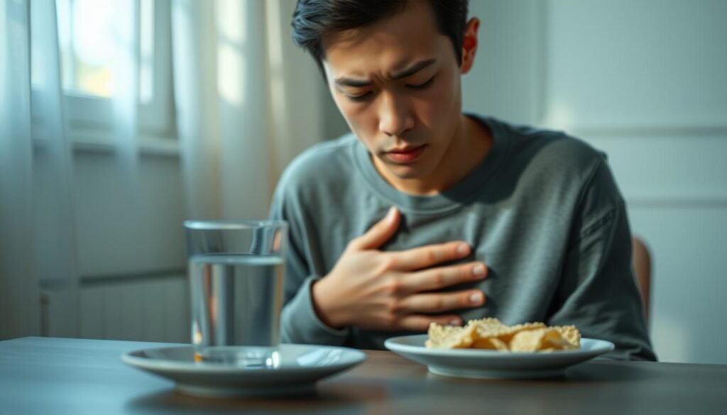 A serene and calm indoor setting, focusing on a person seated at a table, appearing contemplative and slightly uncomfortable. The foreground features a close-up of the individual's face, showing a furrowed brow and a hand over their stomach, indicating mild distress. The middle layer includes a dimly lit table with a glass of water and a small plate of bland food, symbolizing the connection to nausea. The background consists of soft, muted colors, like pastel greens and blues, enhancing the feeling of unease without overwhelming. Soft natural light filters through a nearby window, casting gentle shadows, creating a tranquil yet slightly unsettled atmosphere that encapsulates the experience of nausea without vomiting.