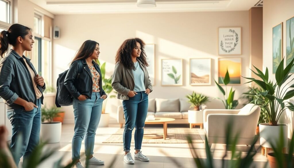 A serene and supportive environment illustrating mental health strategies for teenagers in 2025. In the foreground, a diverse group of three teenagers engaged in conversation, dressed in casual, professional attire, reflecting a safe space for sharing feelings. The middle ground features a comforting, open area with plants and soft seating that promotes relaxation. The background presents soft, natural light streaming in through large windows, with calming wall art depicting positive affirmations and nature scenes. The overall mood is uplifting and hopeful, emphasizing connection, understanding, and proactive mental health management. The scene is well-composed, utilizing warm tones and a balanced perspective to invite a sense of community and support for mental health challenges.