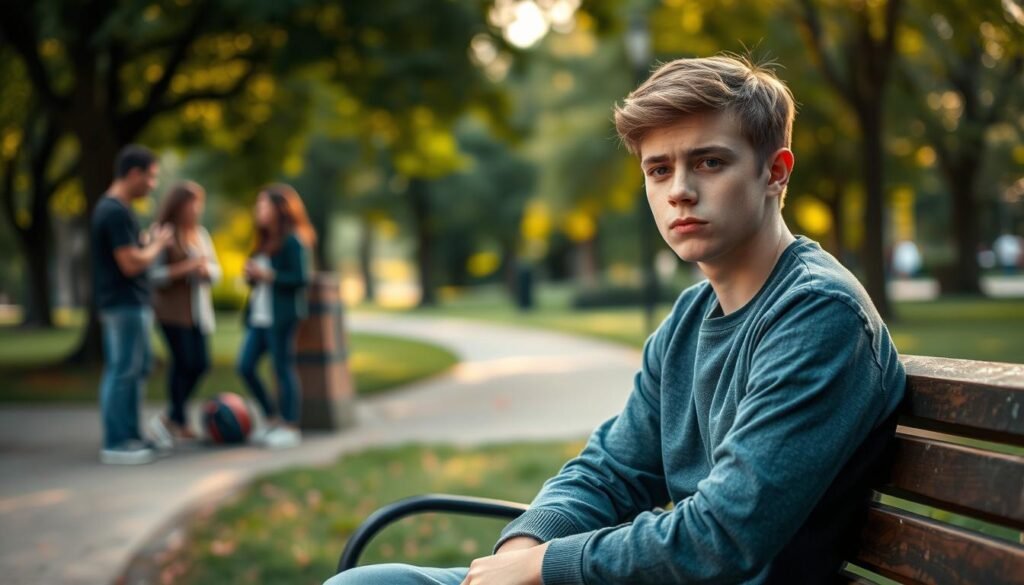 A thoughtful teenager sits on a park bench, surrounded by nature, illustrating the theme of mental health struggles. The foreground features the teenager, dressed in casual yet modest clothing, reflecting a pensive expression with subtle hints of sadness and anxiety. In the middle ground, blurred figures of other teenagers engage in a lively conversation, creating a contrasting atmosphere of normalcy and social connection. The background showcases a serene park with soft greenery and gentle sunlight filtering through the trees, representing hope and tranquility. The lighting is soft and warm, evoking a sense of calm yet introspective mood. The angle captures a slightly upper view, emphasizing the teenager's isolation amid the vibrant life around them, effectively portraying the signs of mental health issues in youth.