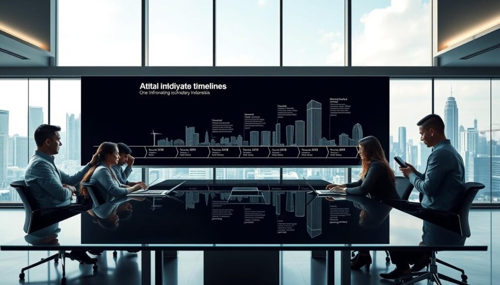 A timeline illustrating the journey of computer technology in Indonesia, set in a sleek, modern office environment. In the foreground, a diverse group of professionals in business attire collaborate around a high-tech conference table, analyzing data on digital devices. The middle layer features a large, digital screen displaying milestones in Indonesia's digital evolution, including key innovations and advancements in computing from the past to present. In the background, a city skyline with modern skyscrapers symbolizes progress and growth in technology. Soft, natural lighting streams through floor-to-ceiling windows, creating an atmosphere of optimism and innovation. The composition is well-balanced with a focus on teamwork and technological advancement, captured from a slightly elevated angle to provide depth.
