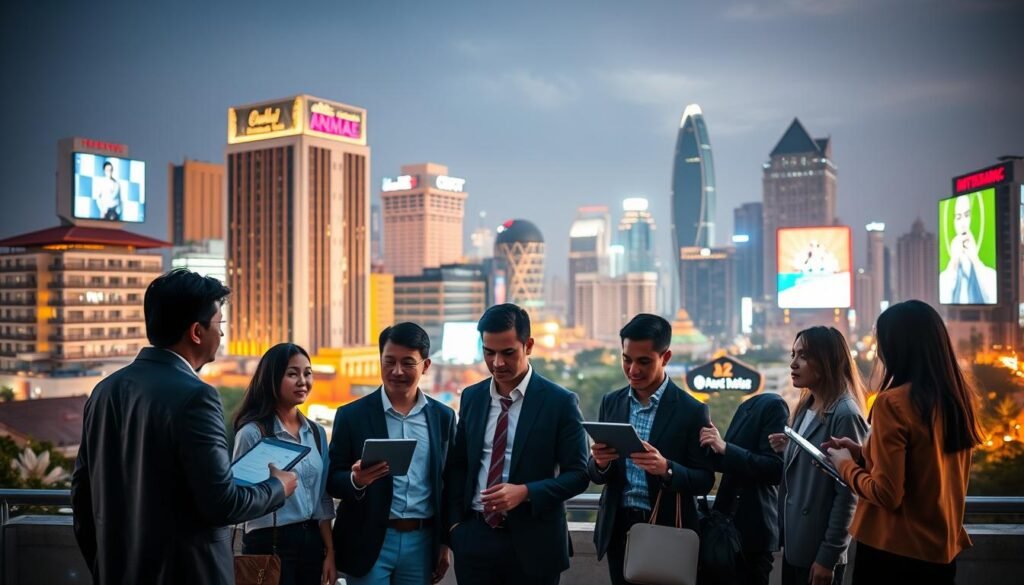 A vibrant cityscape showcasing the dual impacts of digital transformation on modern life in Indonesia. In the foreground, a group of diverse professionals in smart casual attire is engaged in a dynamic discussion, surrounded by digital devices like tablets and laptops. The middle ground features a blend of traditional and modern buildings, symbolizing the fusion of heritage and technology. The background displays a bright skyline with digital billboards illuminating the night sky, emphasizing innovation. Soft, ambient lighting creates an optimistic atmosphere, while a slight lens blur adds depth. The scene should evoke a sense of progress and community, capturing the essence of thriving digital advancement and its multifaceted influences on society.